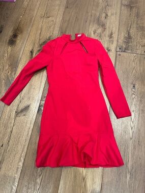 Alice + Olivia Red Long-Sleeve Cutout Neck Fit-and-Flare Dress